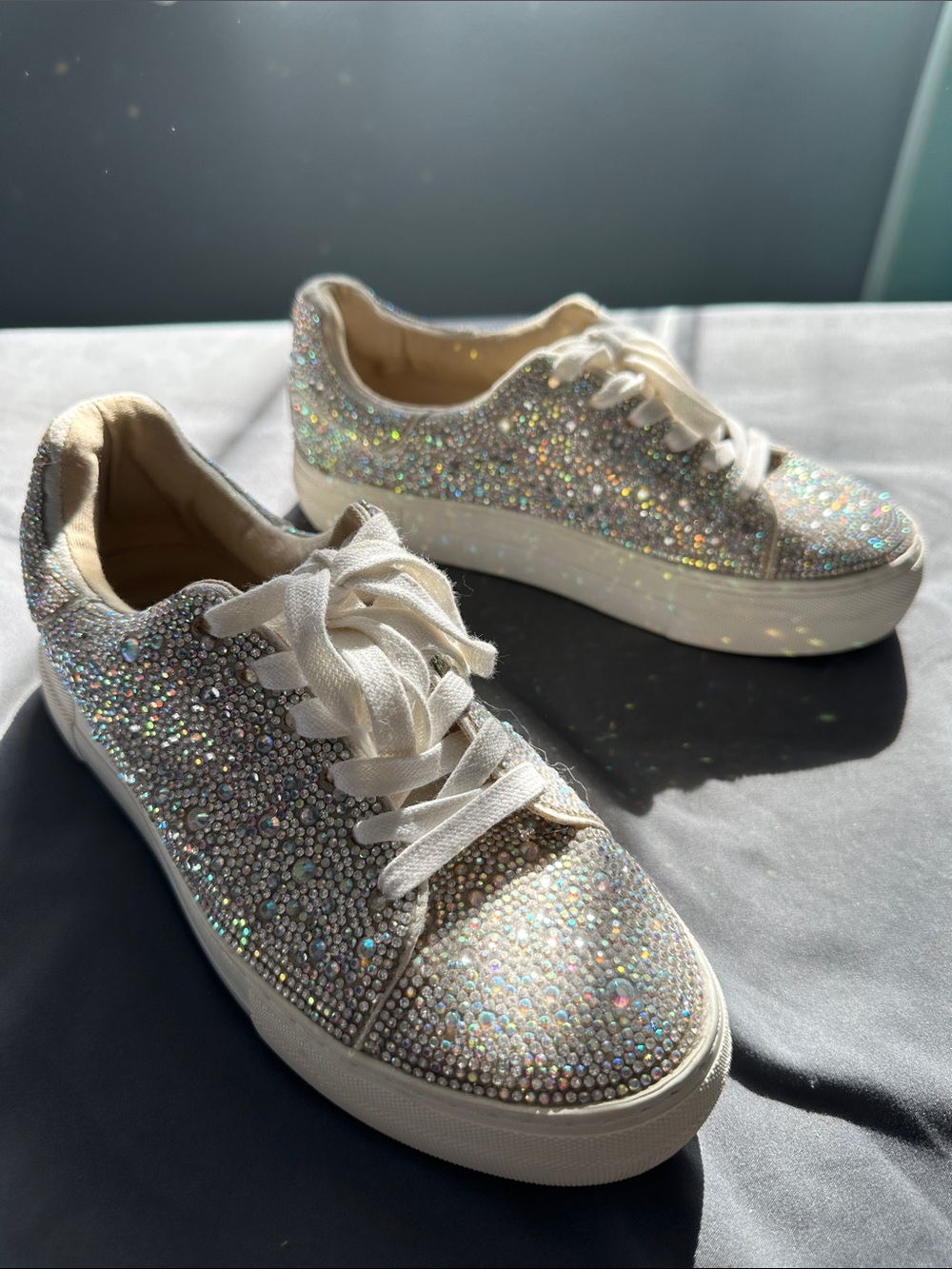 Betsy’s Johnson Sidny Iridescent Crystal Embellished Lace-Up Sneakers - White